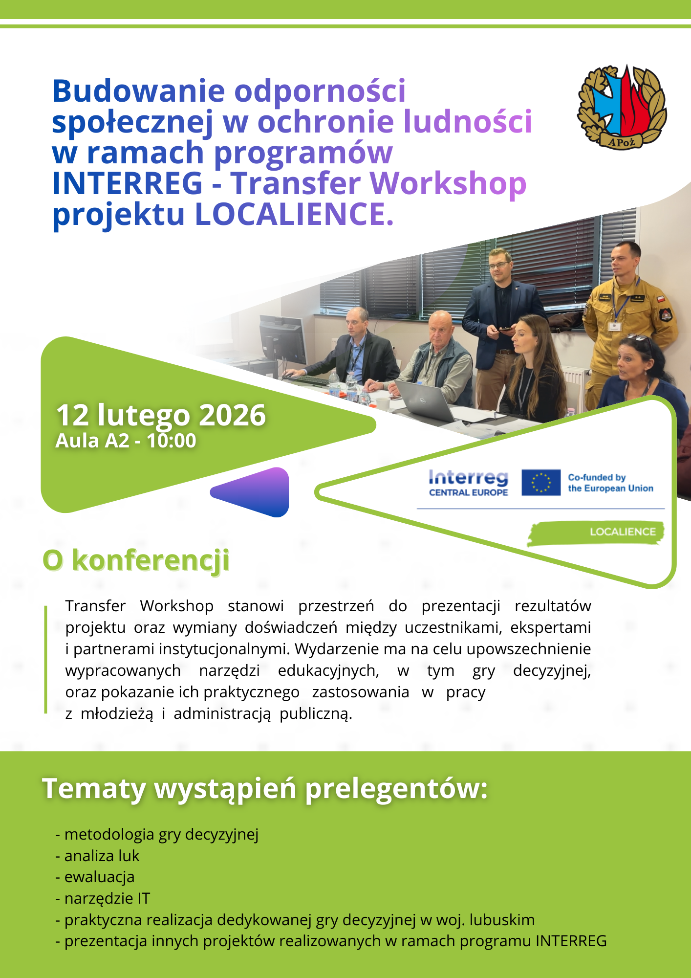 Plakat:tytuł warsztatów, zdjęcie organizatorów, logo programu/projektu+główne tematy spotkania