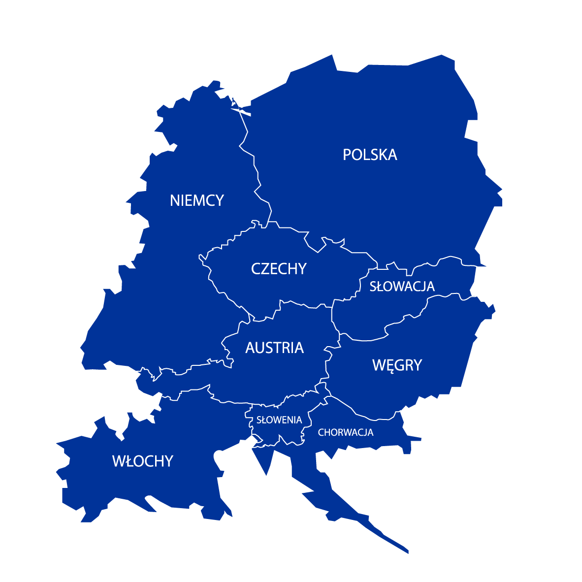 Mapa obejmująca Polskę,Czechy, Słowację,Węgry,Austrię,Słowenię,Chorwację,część Niemiec i Włoch