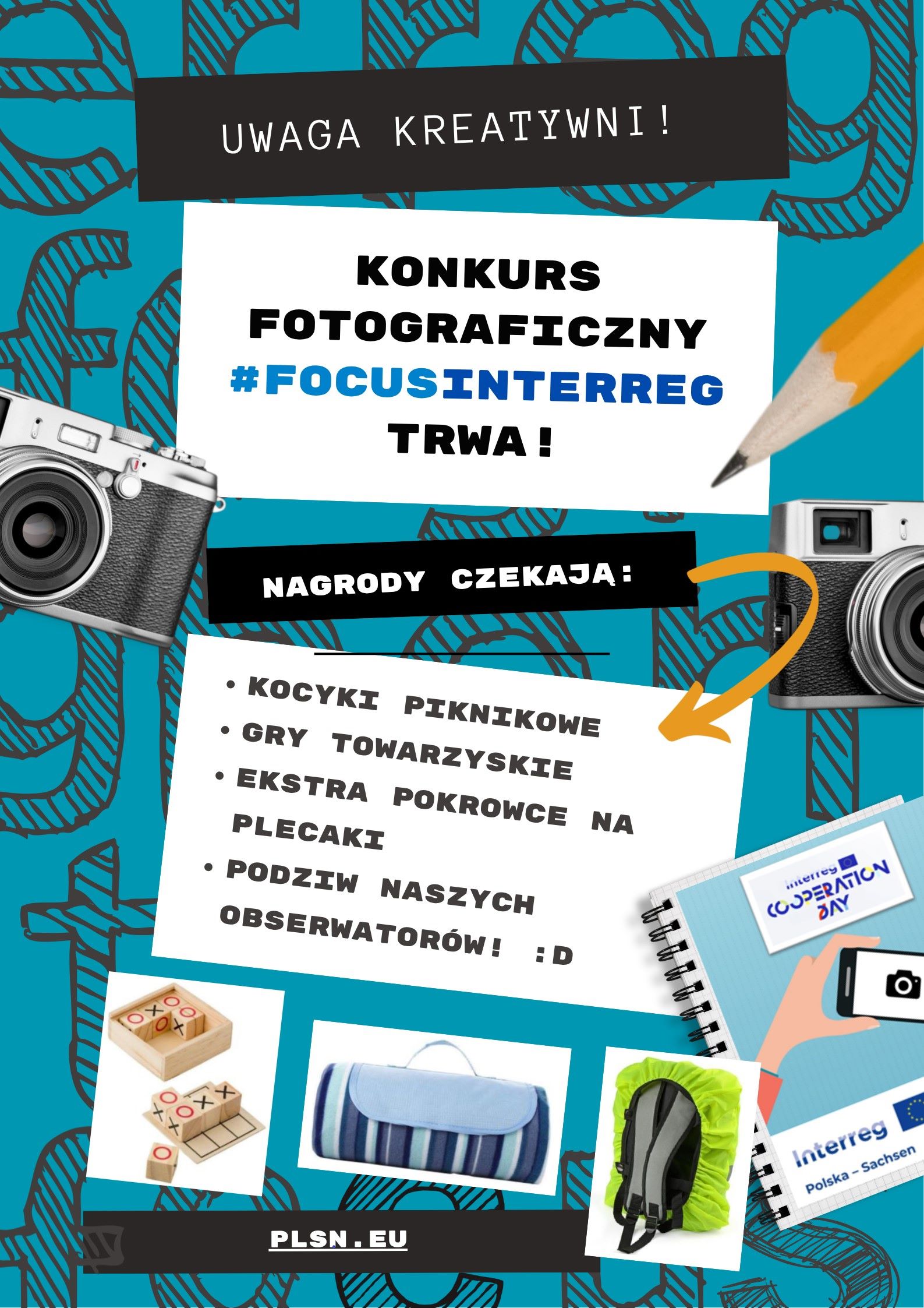 Grafika konkursowa zawierająca informacje o nagrodach: kocyki piknikowe, gry towarzyskie, pokrowce na plecaki, podziw obserwatorów