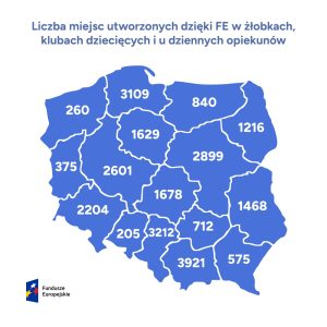 Mapa Polski przedstawiająca liczbę miejsc utworzonych dzięki FE w żłobkach, klubach dziecięcych i u dziennych opiekunów w podziale na województwa