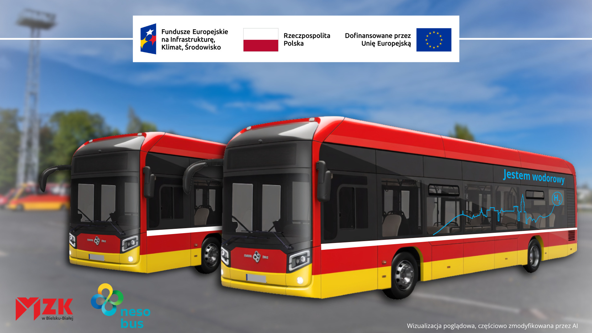 Zdjęcie poglądowe do informacji o podpisaniu umowy. Na grafice wizualizacja autobusów.